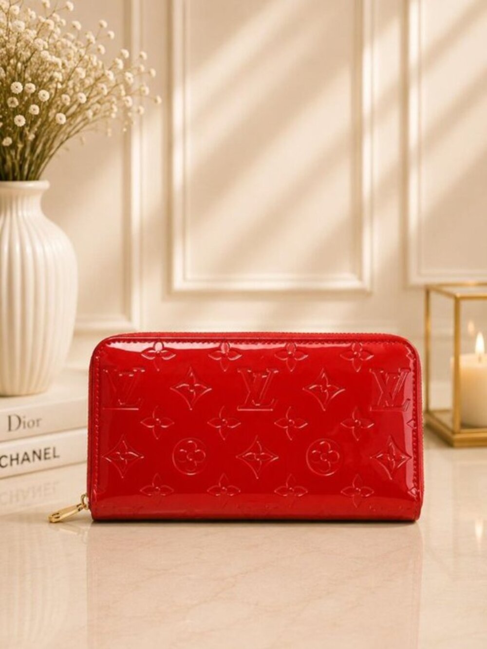 Authentic Louis Vuitton Zippy Wallet Monogram Vernis Red Patent Leather